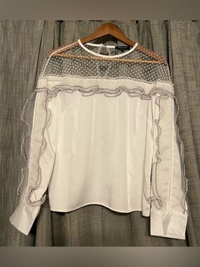 Beulah Style Women’s White Blouse with Polka-Dot Yoke and Ruffle Detail Size LG